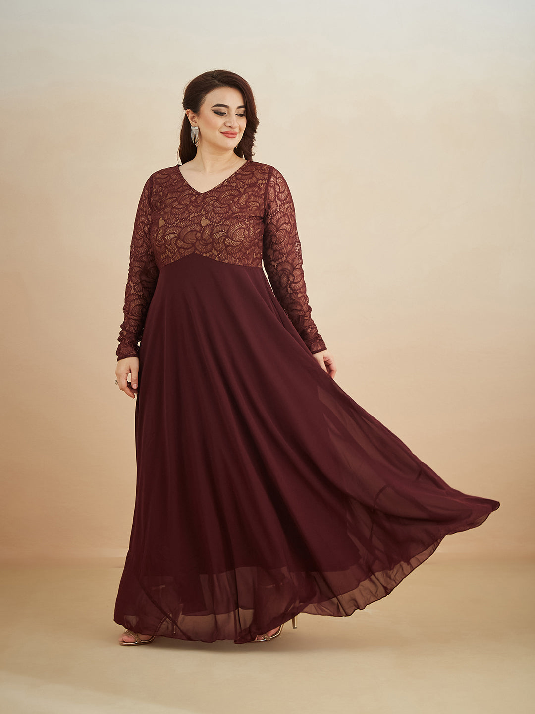 Wine V-Neck Full Sleeve Self Design Lace-Overlaid Georgette Maxi Dress for Women