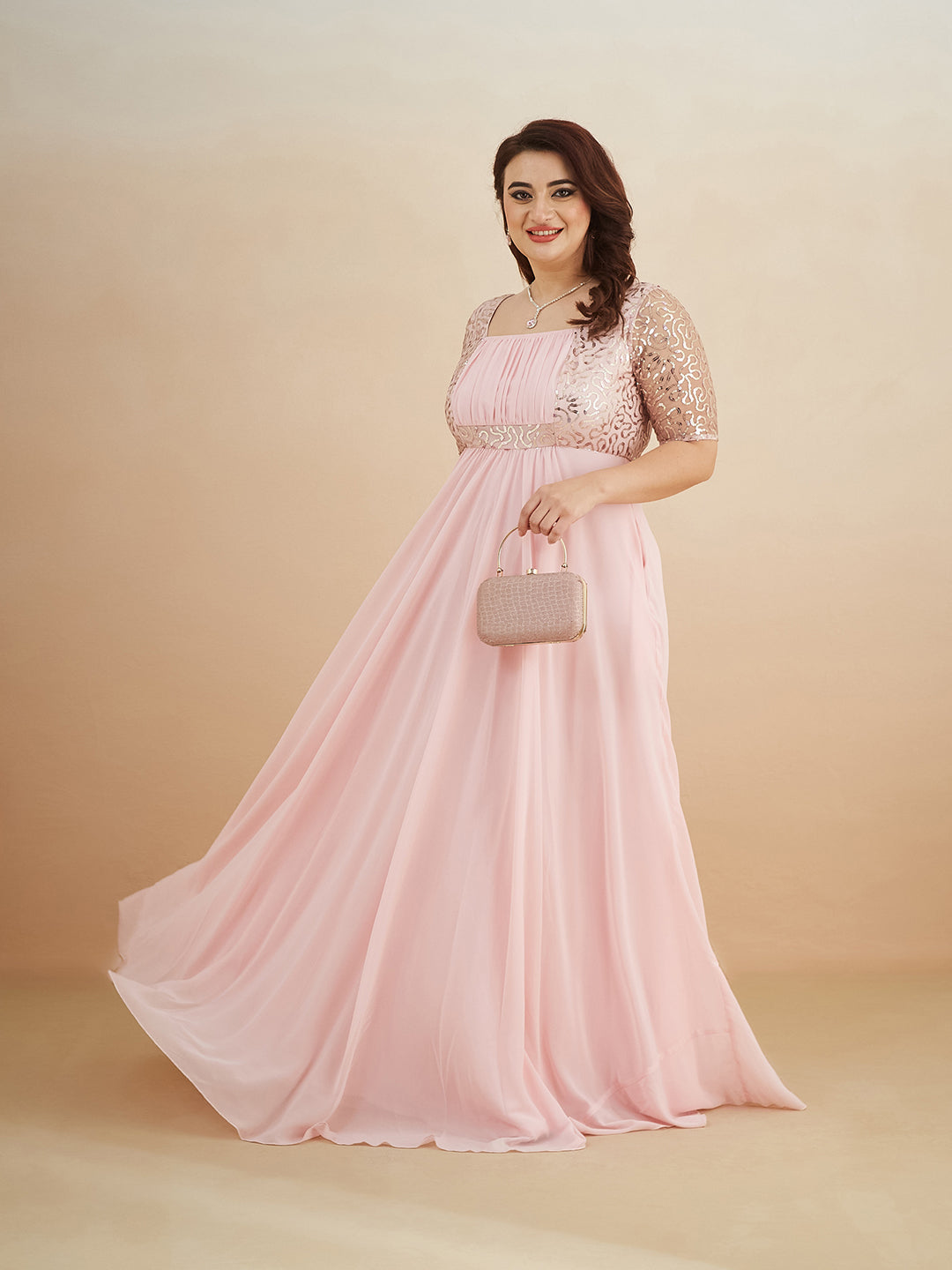 Dusty Pink Square Neck Half Sleeve Solid Embellished Maxi Dress for Women
