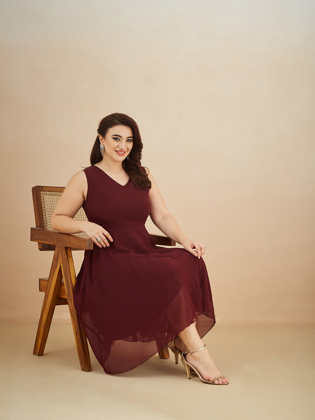 Wine Red V-Neck Sleeveless Solid High-Low Midi Skater Dress for Women