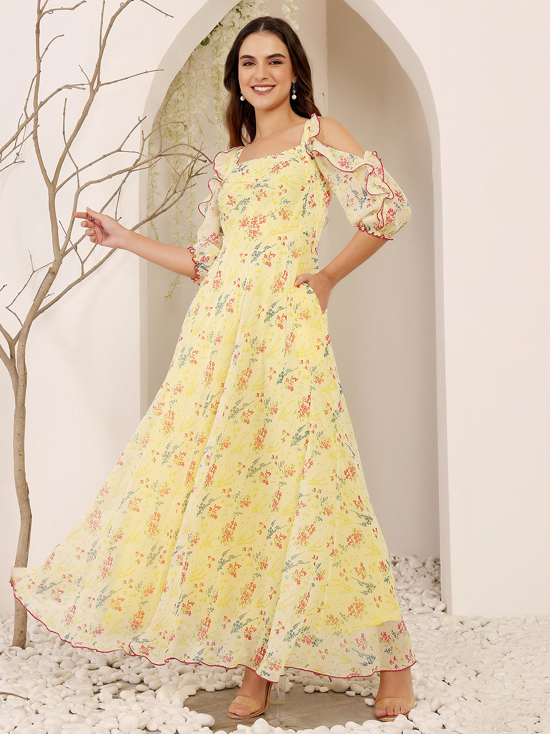 Women's Multicolored-Base-Lime Yellow Sweetheart Cold Shoulder Floral Ruched Chiffon Maxi Dress