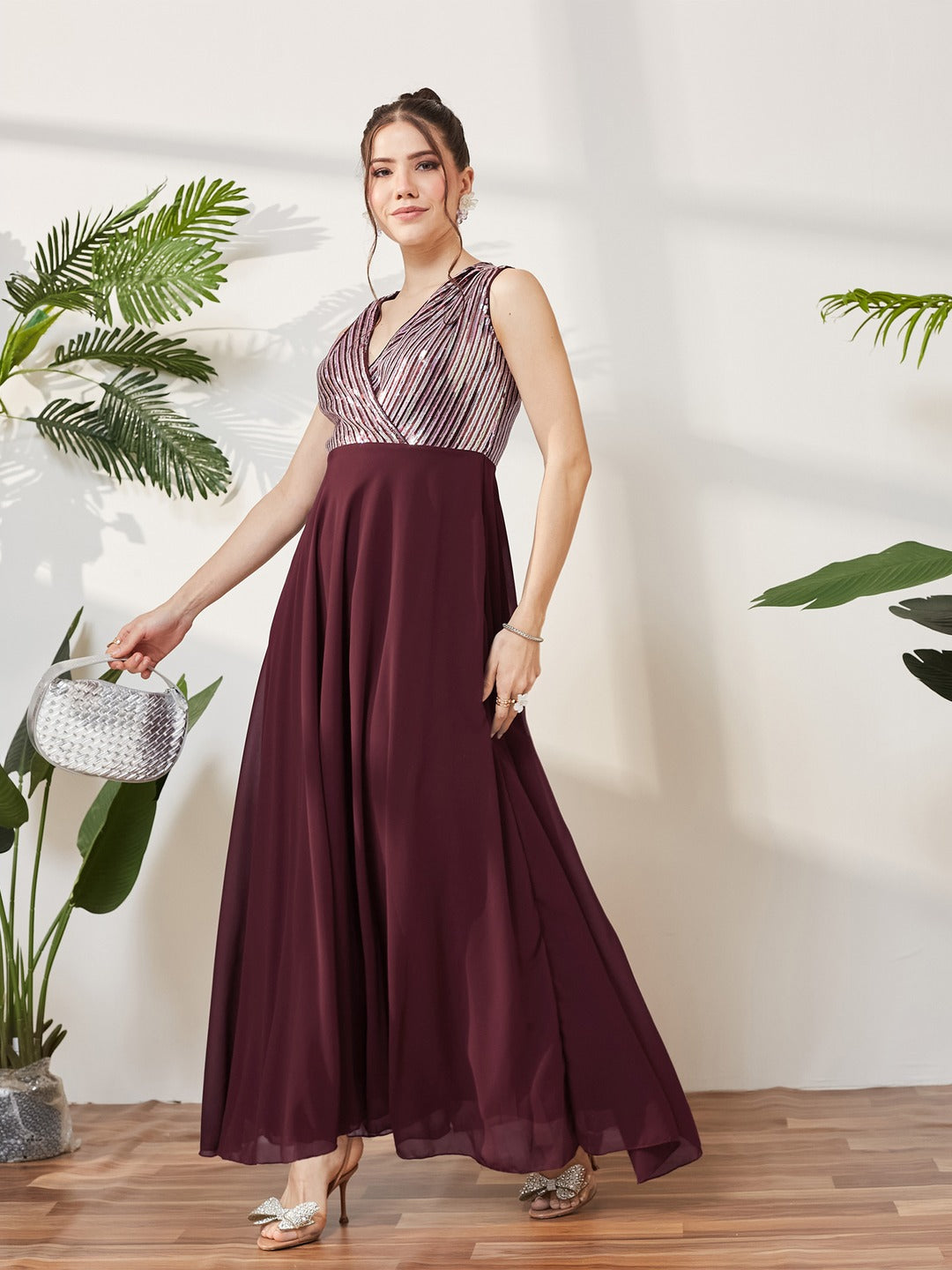 Wine V-Neck Sleeveless Embellished Wrap-Styled Maxi Georgette Dress for Women