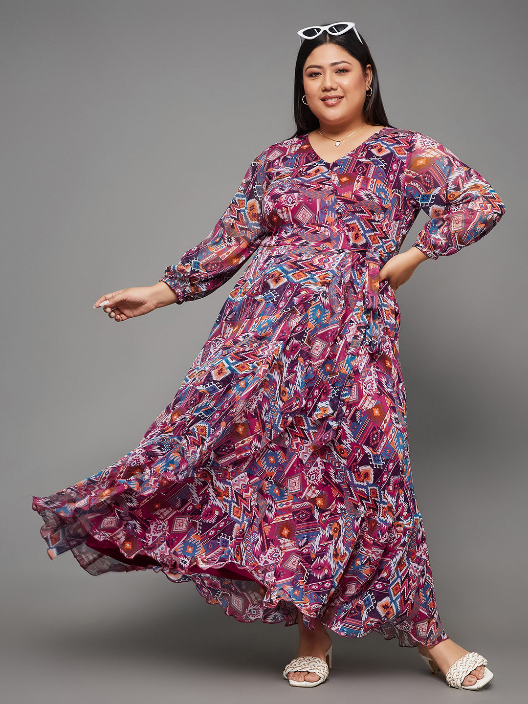 Dark Pink Multicoloured Geometric Printed Full Sleeves Fit and Flare Maxi Dress for Plus Size Women