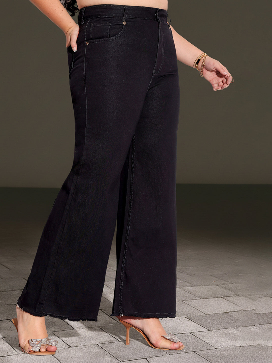 Black High Rise Stretchable Wide Leg Denim Jeans for Women