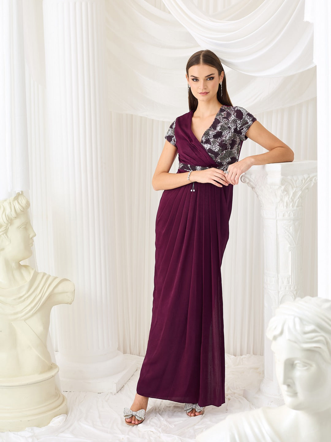 Wine V-Neck Gown in Embellished Pleated Lustrous Satin for Women