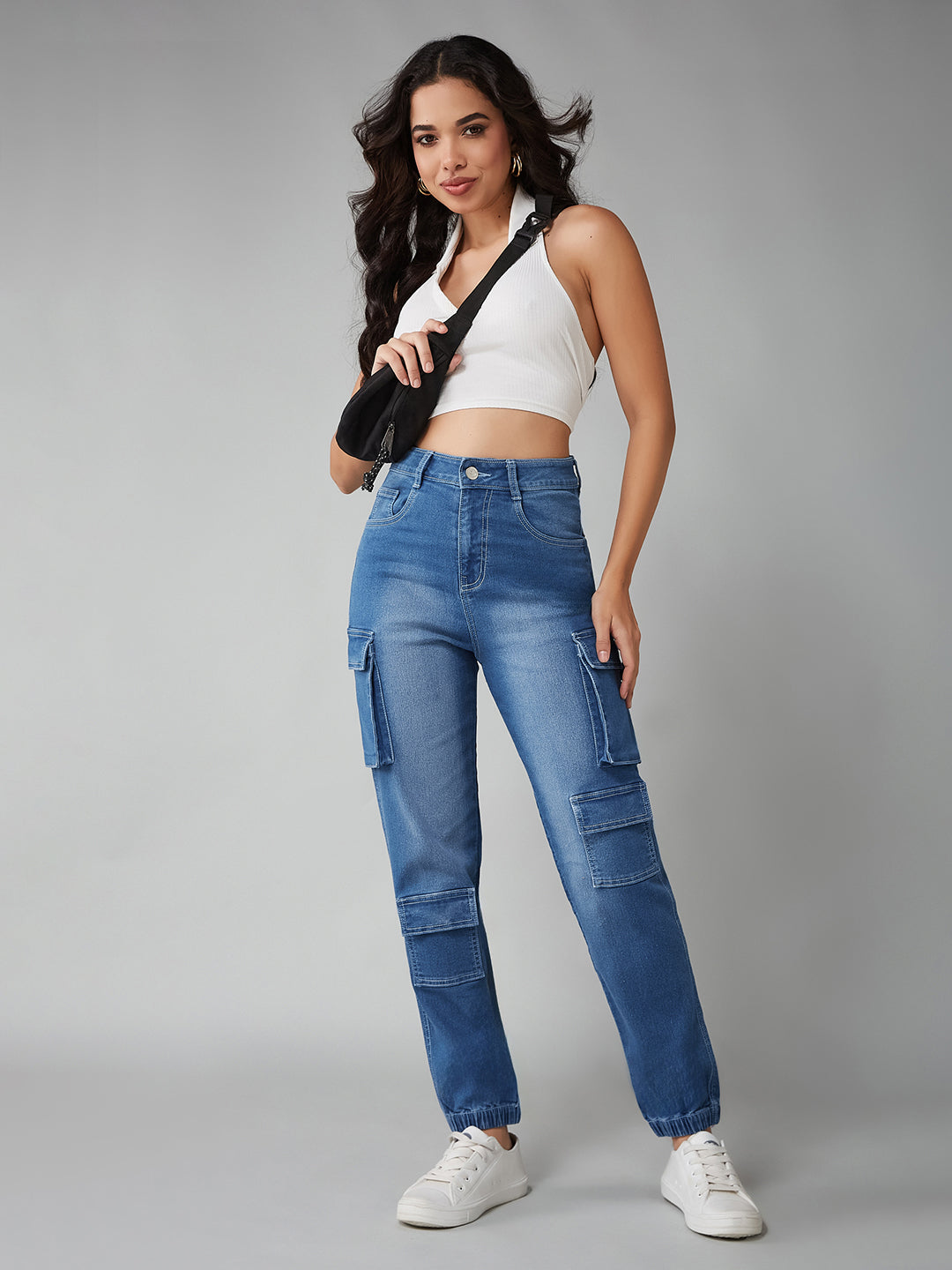 Women's Mid-Blue Regular High-Rise Regular Stretchable Denim Joggers