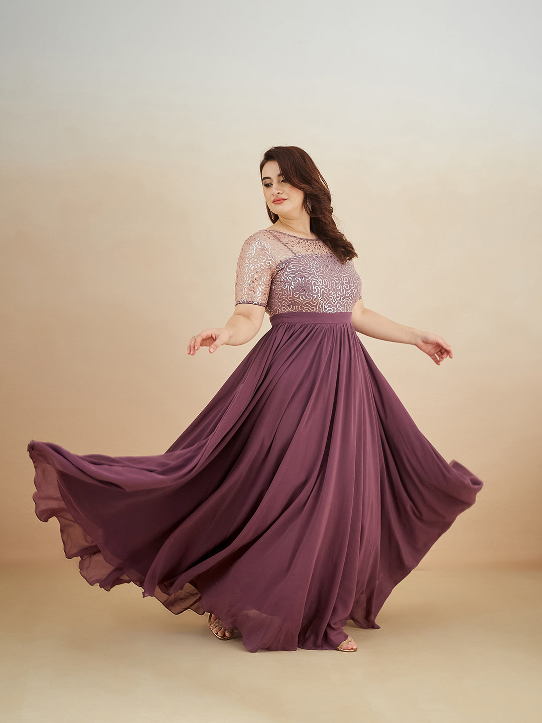 Mauve Relaxed Fit Maxi Georgette & Sequins Dress for Women