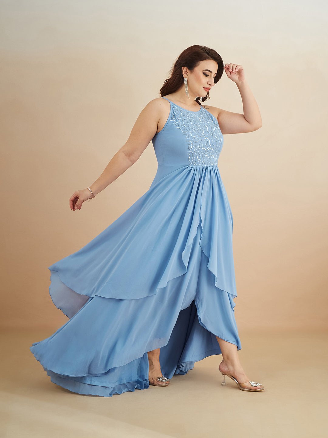Women's Powder Blue Halter-Neck Sleeveless Embroidered Layered Georgette Maxi Dress Women's Powder Blue Halter-Neck Sleeveless Embroidered Layered Georgette Maxi Dress