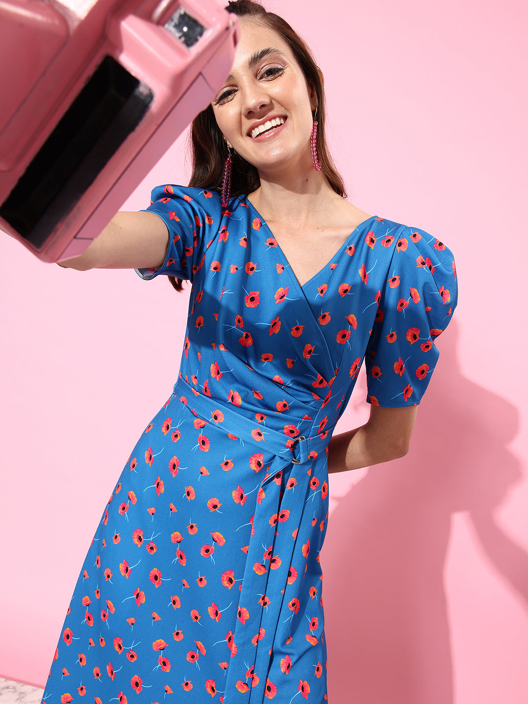 Crease Ease Women's Multicolored-Base-Blue V-Neck Pleated Puff Sleeve Floral Patterned Wrap Midi Polyester Dress