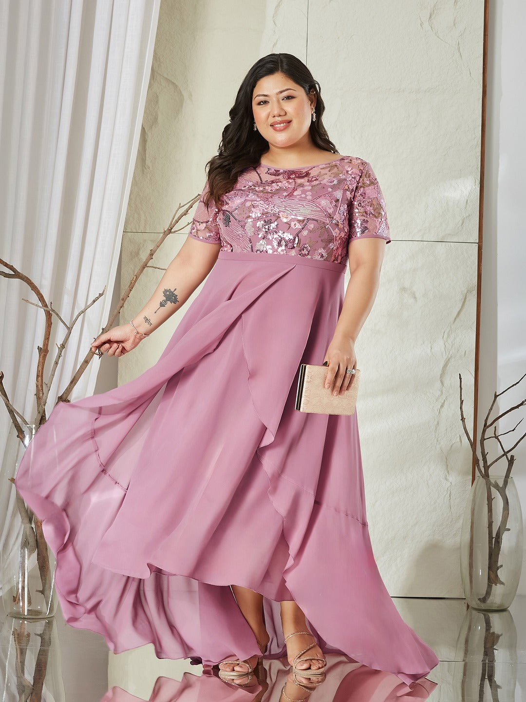 Dusty Lavender Round Neck Short Sleeve Floral Layered Georgette Midi Dress for Women