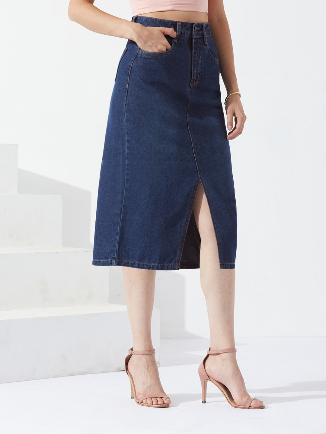 Dark Blue A-Line High-Rise Non-stretchable Denim Midi Skirt for Women