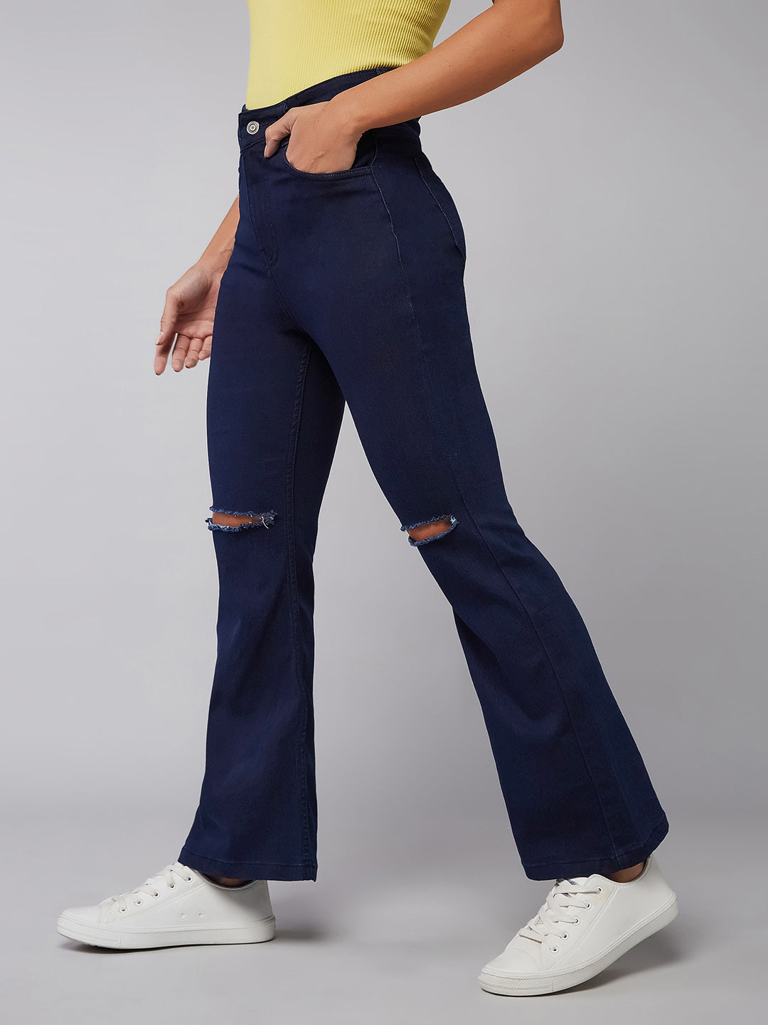 24/7 Comfort Navy-Blue Bell-Bottom Bootcut Hourglass High-Rise Stretchable Denim Jeans