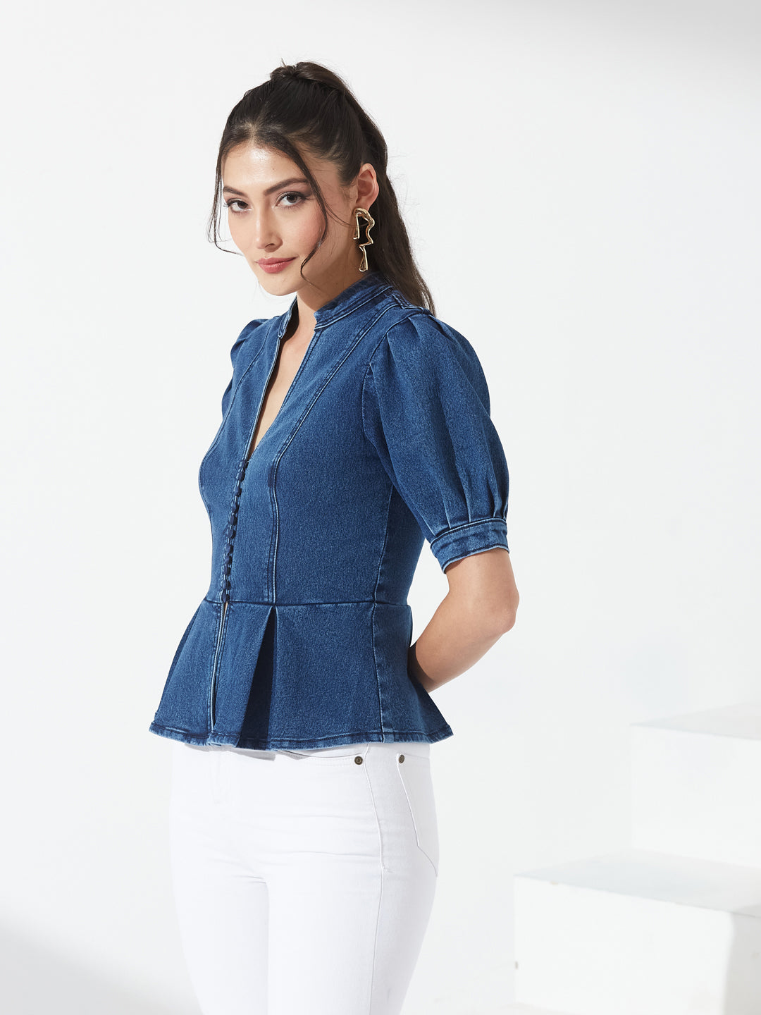 Blue Mandarin Collar Puff Sleeve Box-Pleated Peplum Denim Top For Women