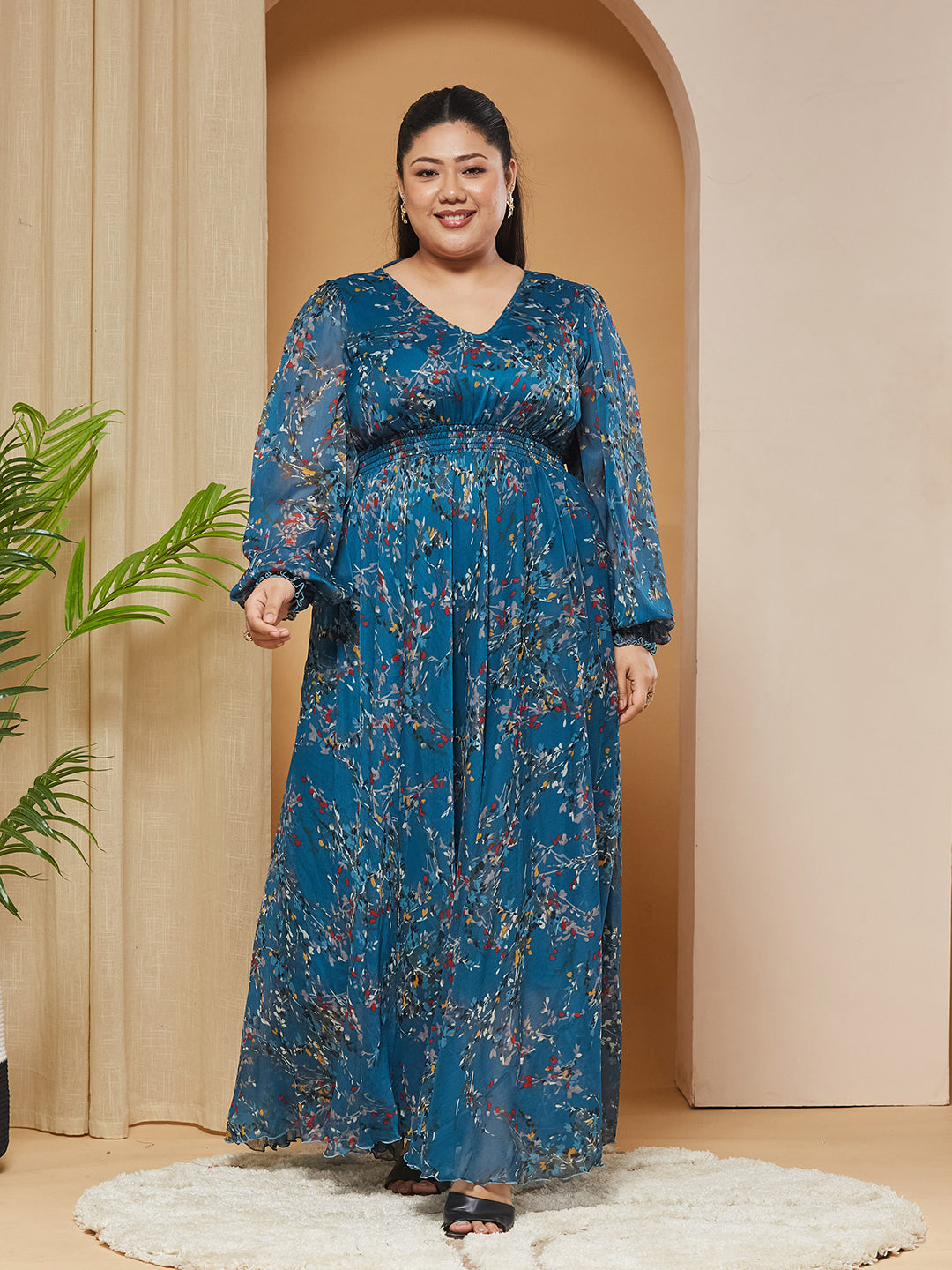 Multicolored-Base-Teal V-Neck Smocked Bishop-Sleeves Floral Gathered Chiffon Maxi Dress for Women
