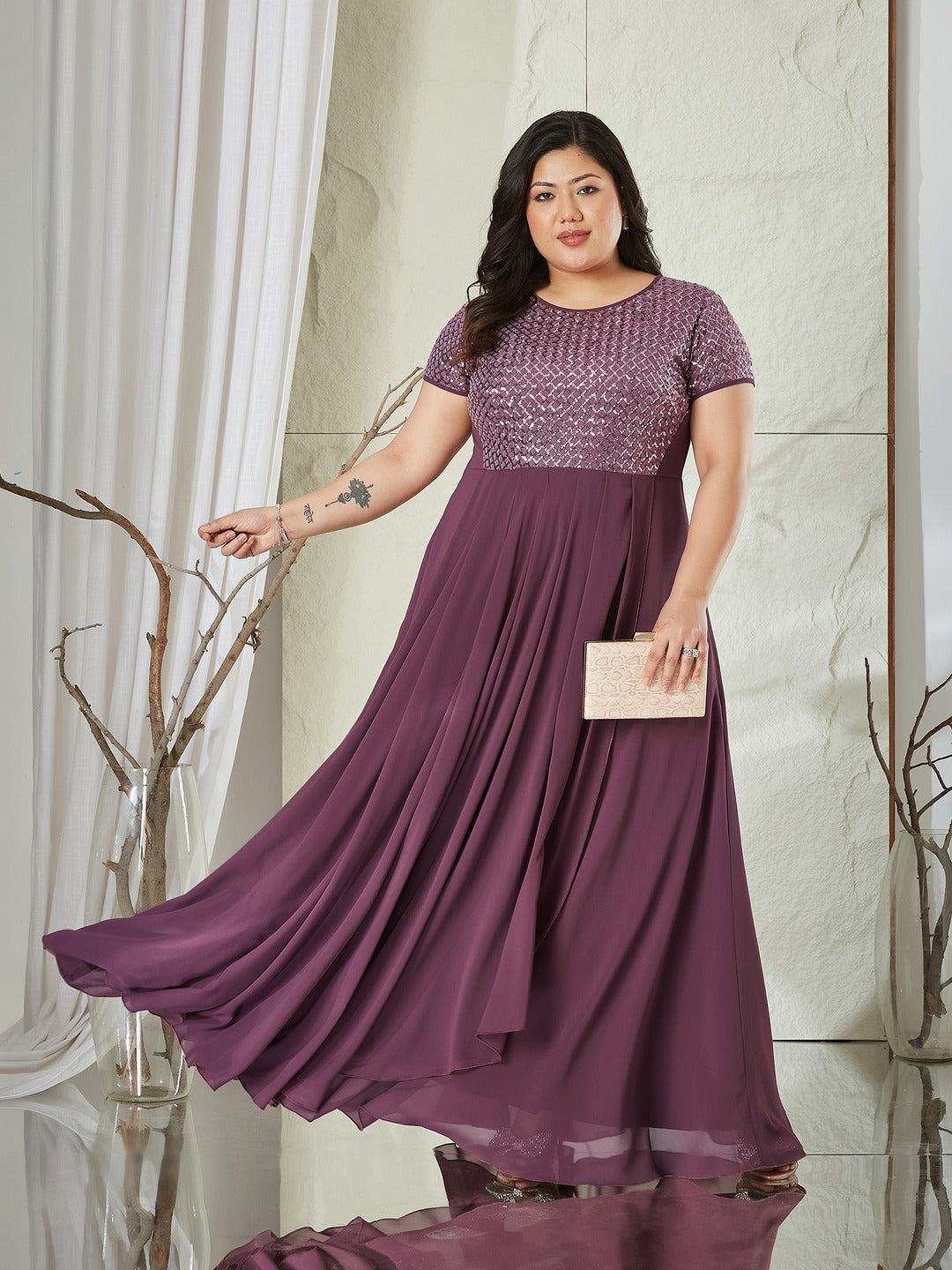 Mauve Round Neck Cap Sleeve Embellished Fit & Flare Maxi Crepe Dress for Women