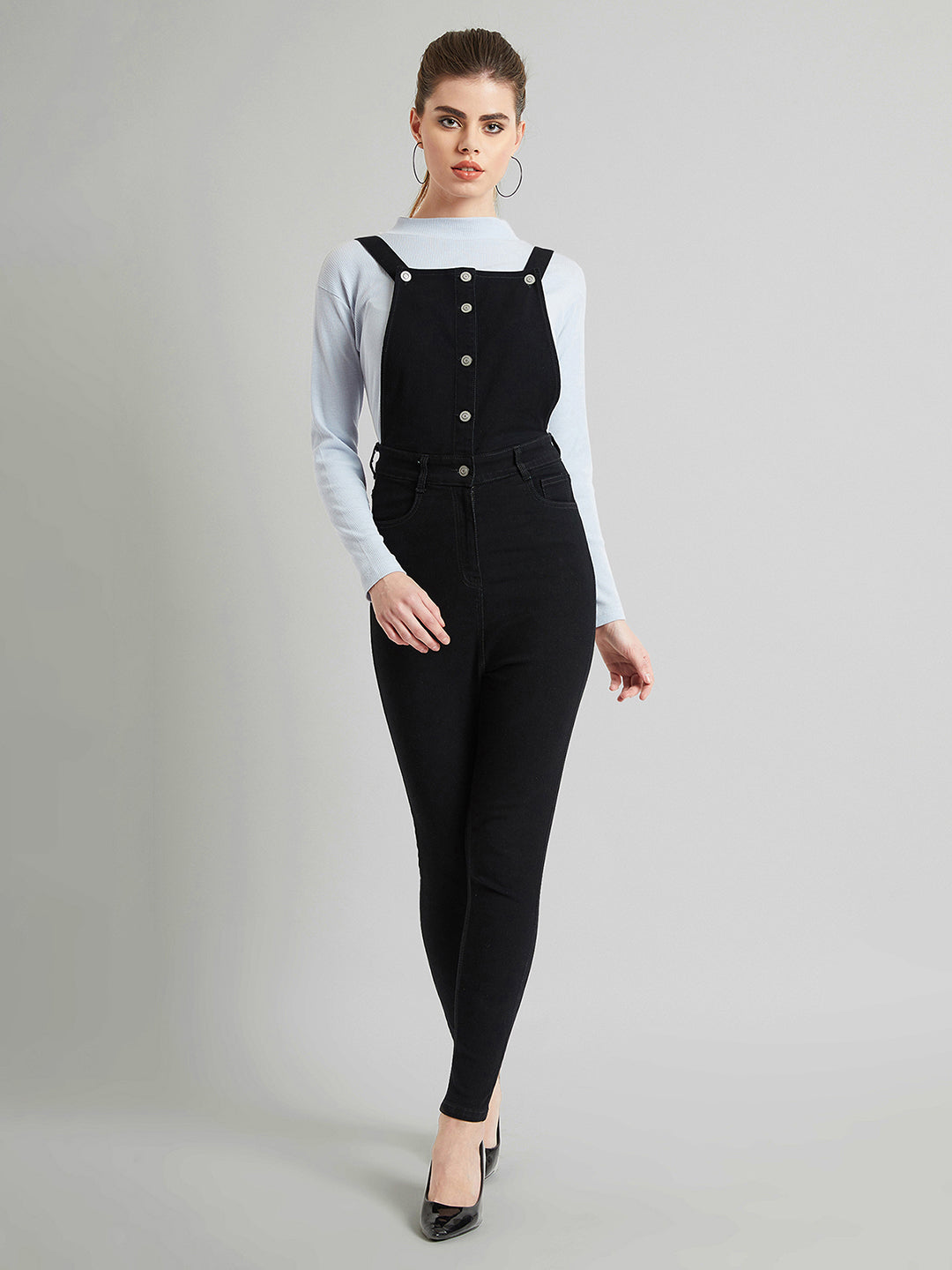 Women's Black Skinny High-Rise Stretchable Denim Dungaree