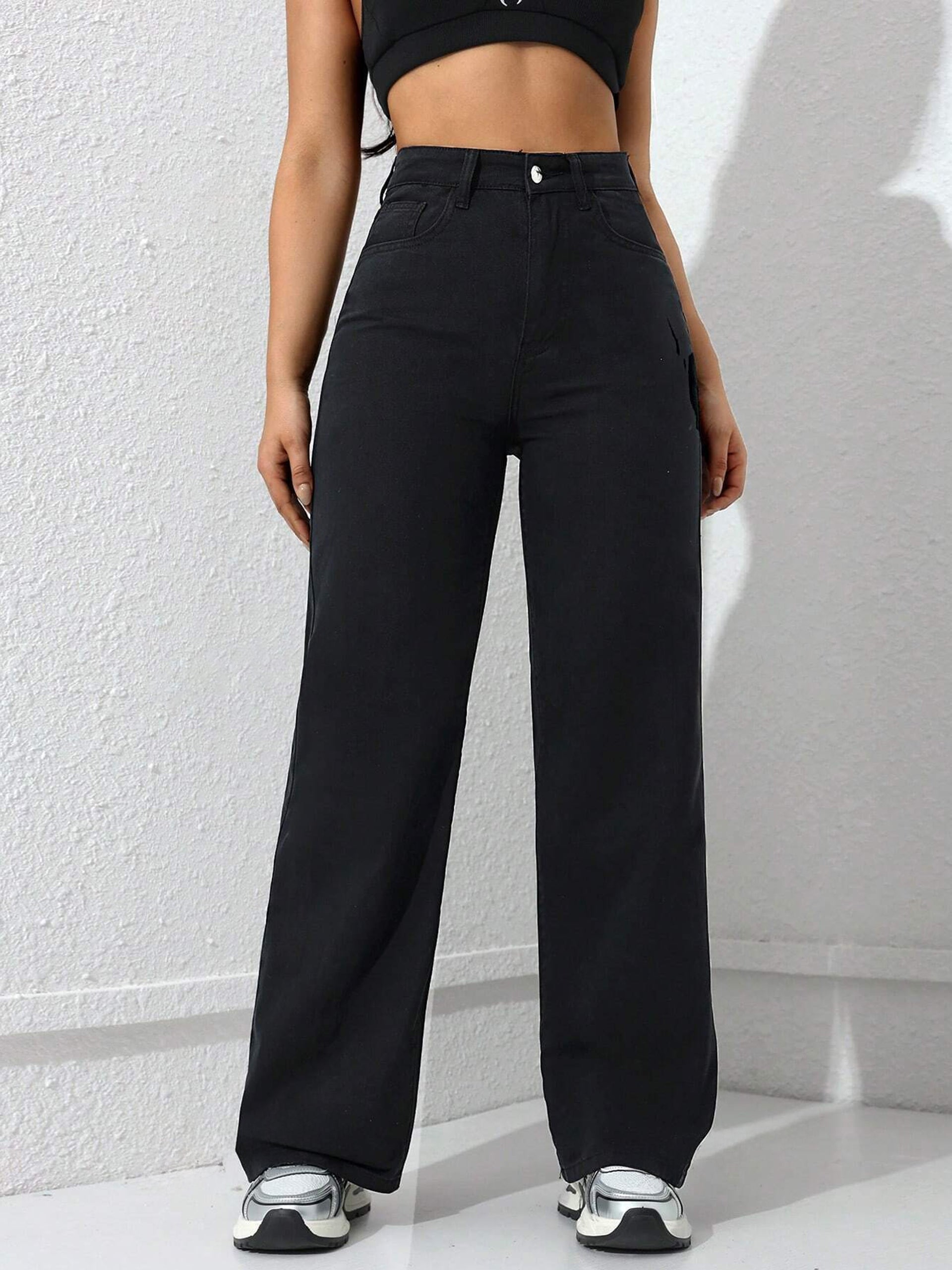 Women's Black Straight High-Rise Clean-Look Regular-Length Stretchable Denim Jeans