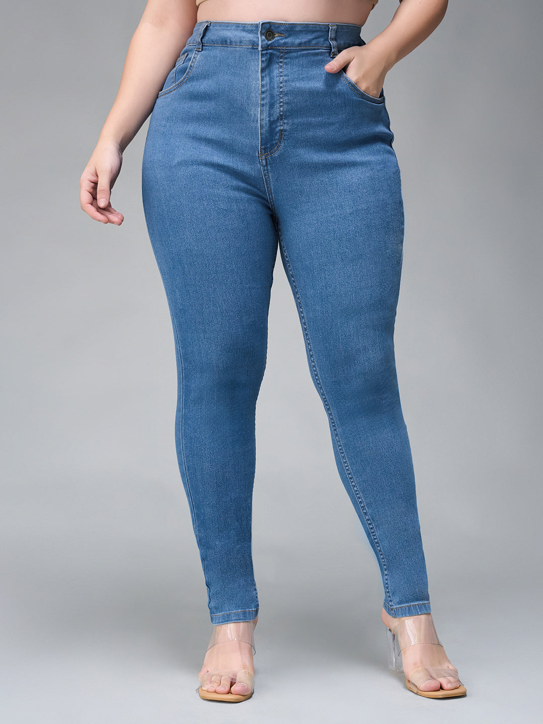 24/7 Comfort Blue Solid Skinny High-Rise Cropped Fringe Detailing Solid Stretchable Denim Jeans