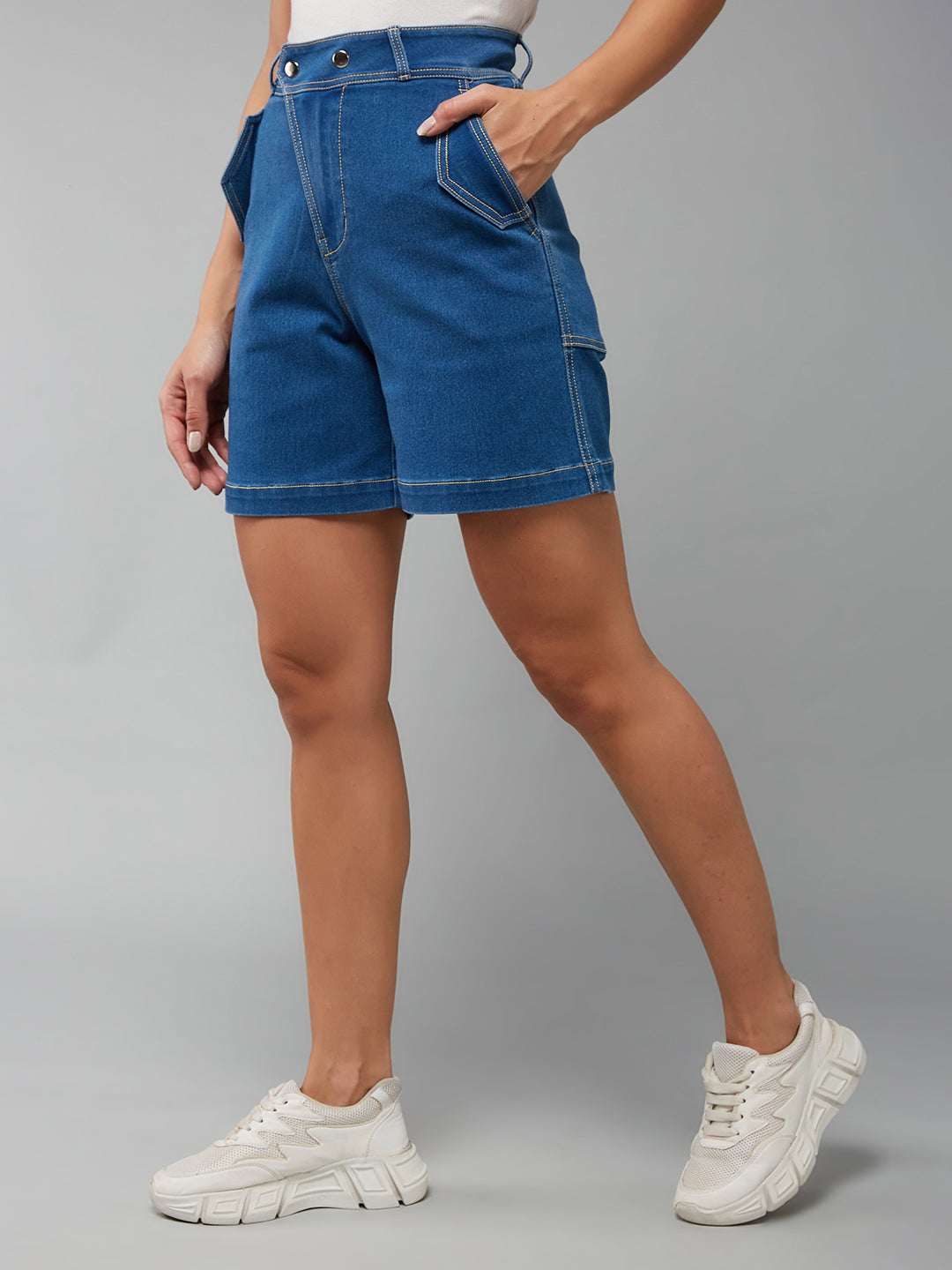 Relaxed-Fit Mid-Rise Clean-Look Stretchable Blue Denim Bermuda Shorts for Women