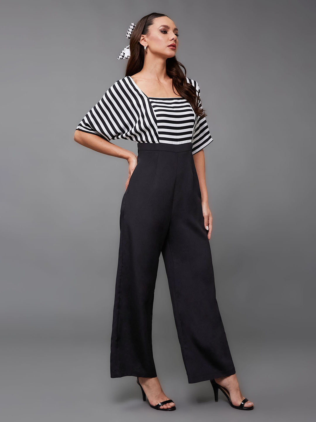 Women's Black & White Square Neck Half Sleeve Striped Back Tie-Up Regular Jumpsuit