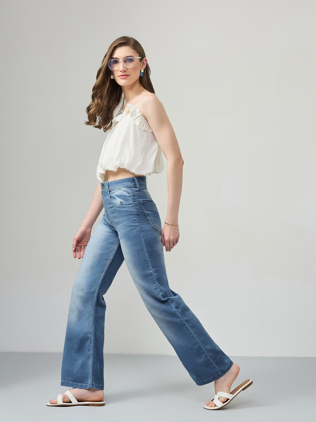 Light Blue Wide-Leg Mid Rise Blast Effect Light Weight Denim Jeans for Women
