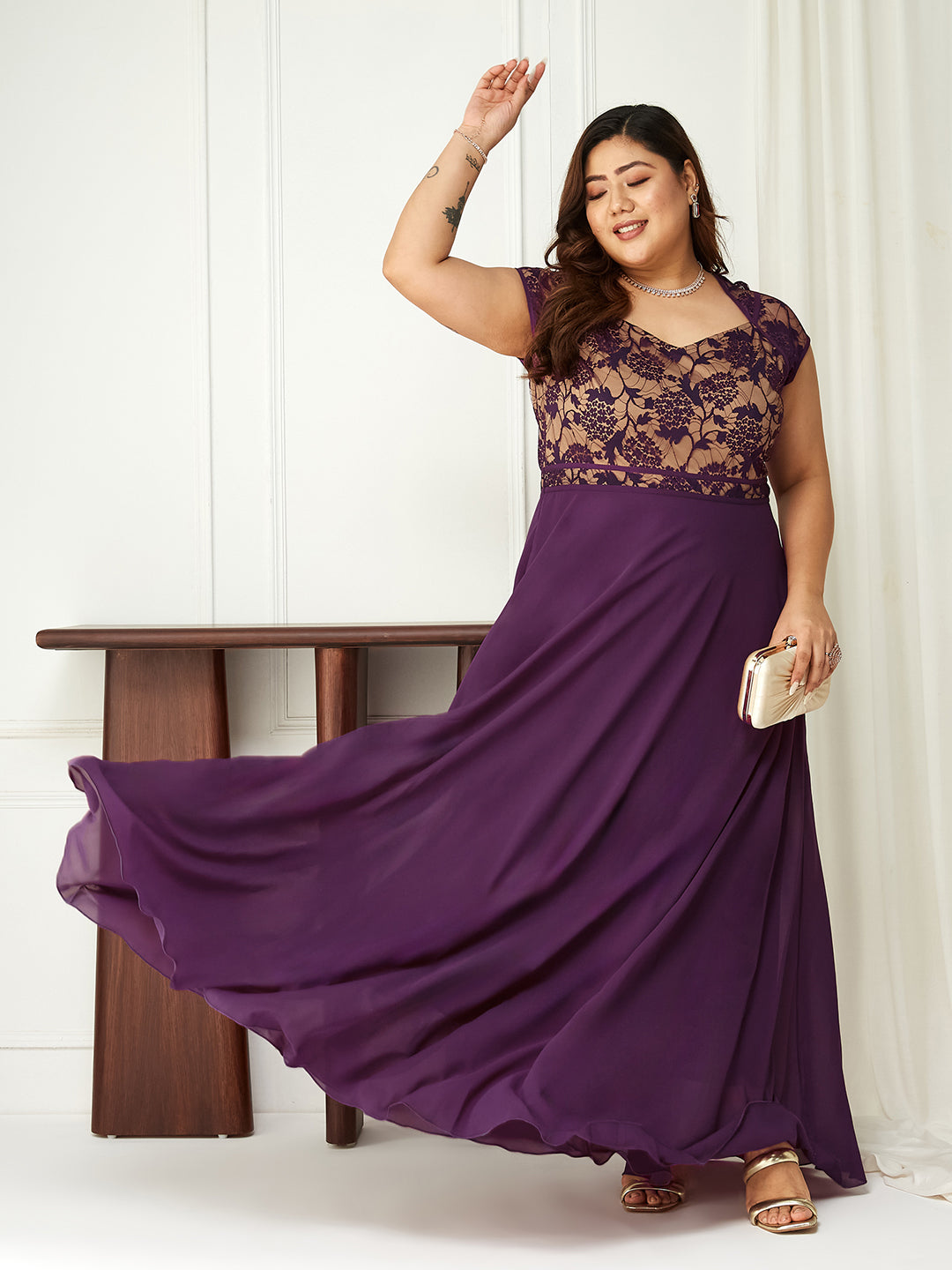 Dark Purple Sweet-Heart Neck Cap-Sleeve Floral Fit & Flare Georgette Maxi Dress for Women