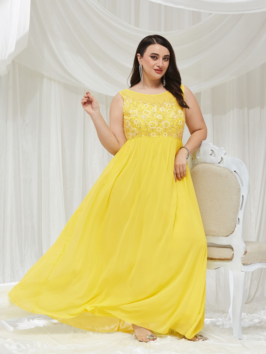 Light Yellow Boat Neck Sleeveless Embroidered Georgette Gathered Maxi Dress for Women