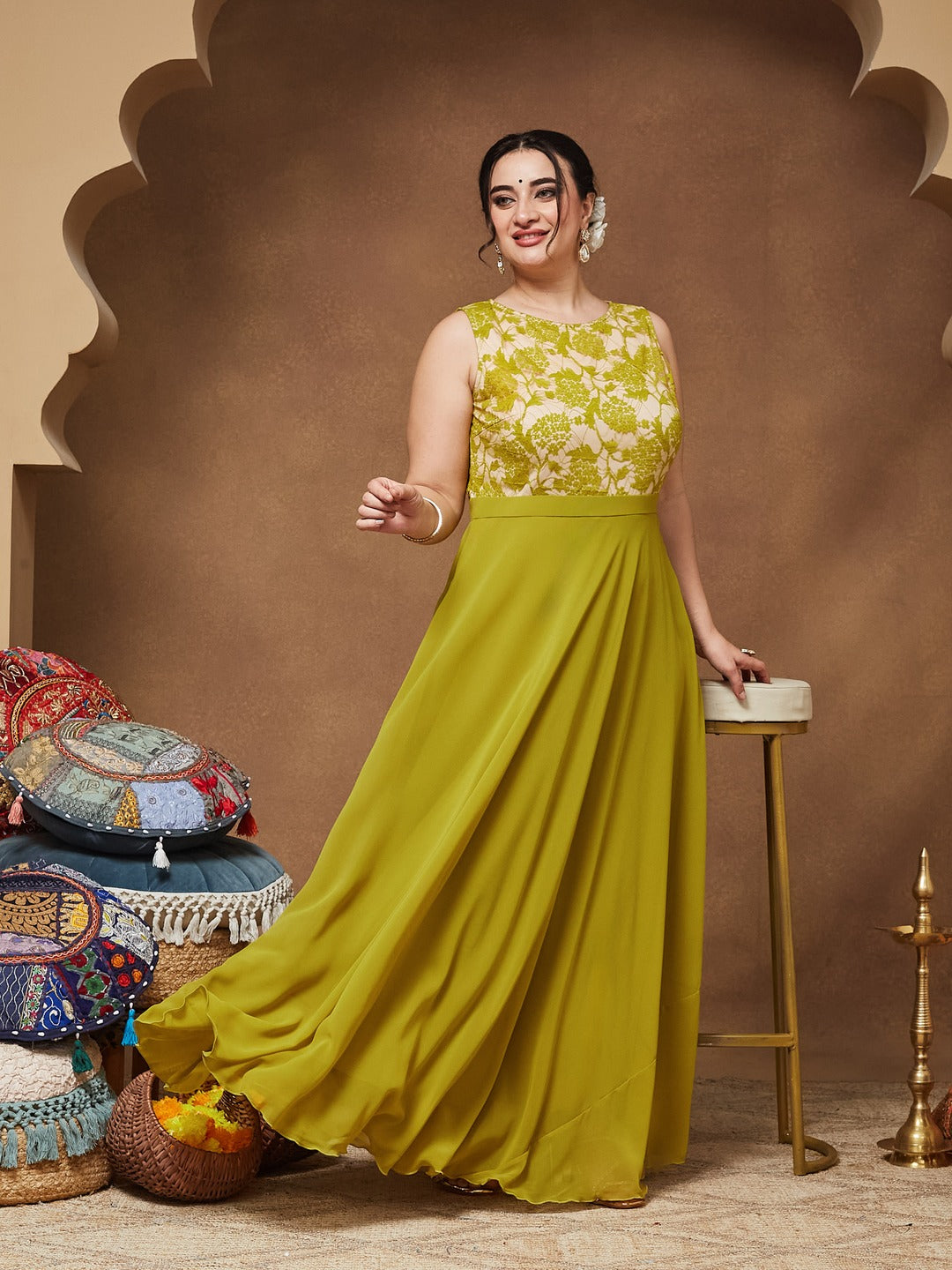 Lemon Green Round Neck Sleeveless Georgette Floral Lace Fit & Flare Maxi Dress for Women