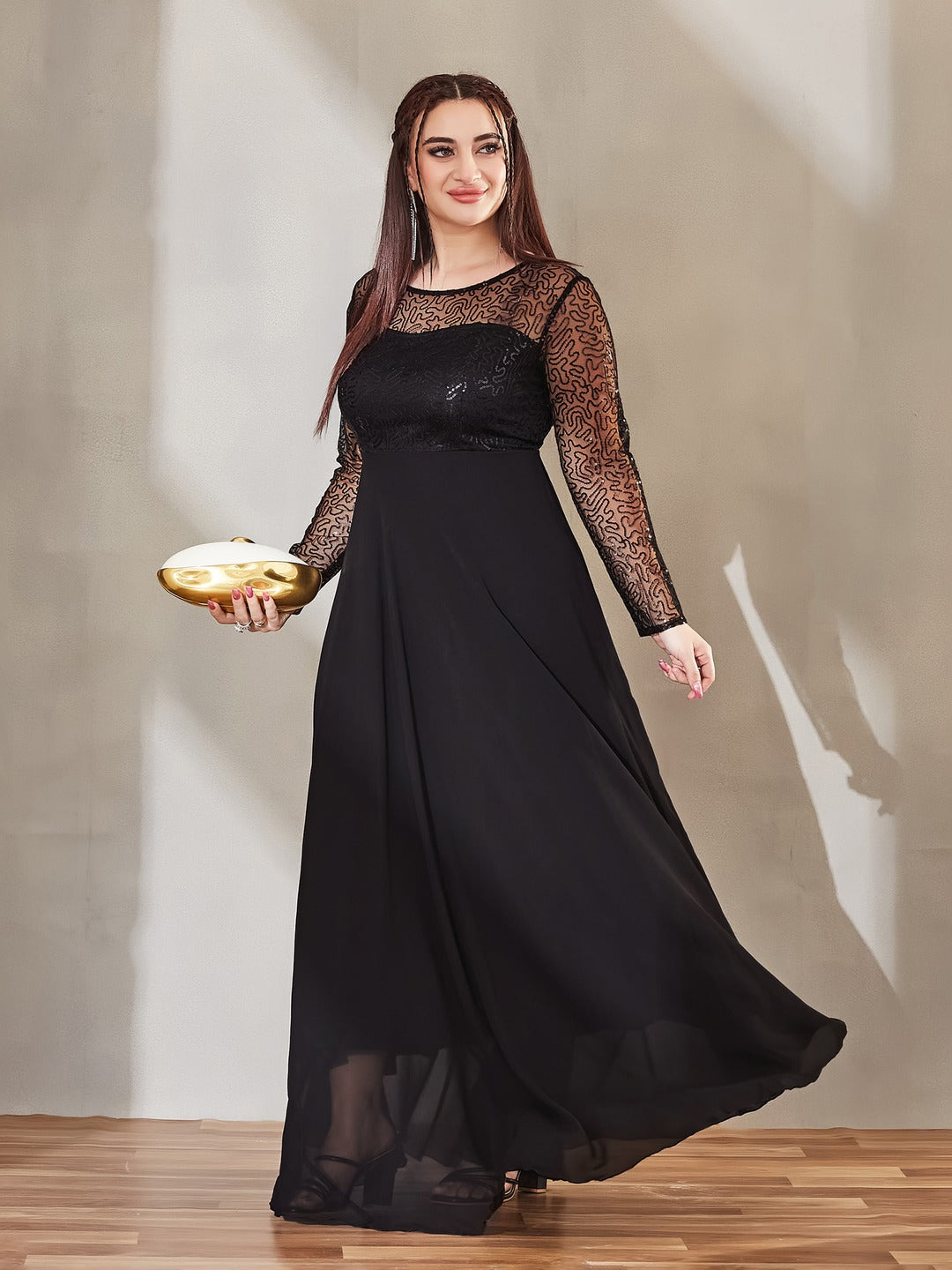 Black Solid Embellished Maxi Dress for Women