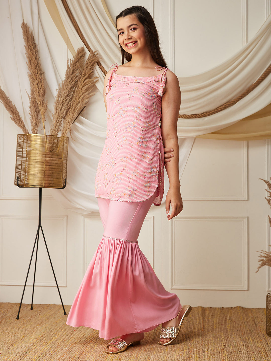 Multicolored-Base-Bubblegum Pink Round Sleeveless Embellished Kurta Set