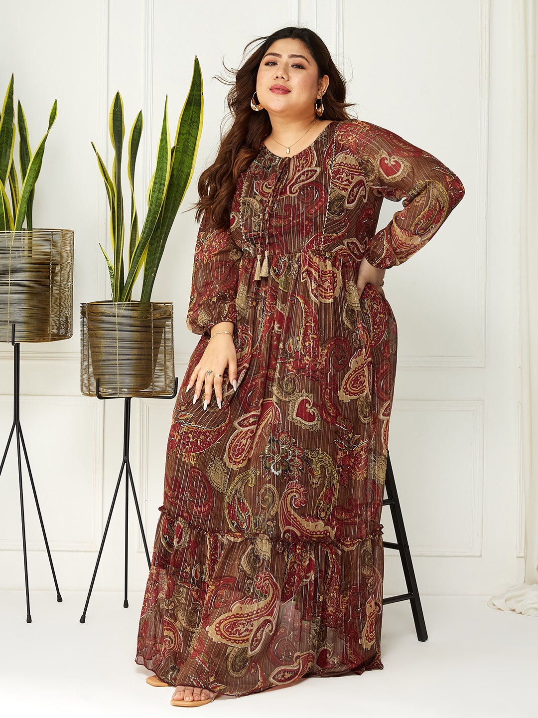 Body Bliss Multicolored-Base-Brown Maxi Lurex Chiffon Dress