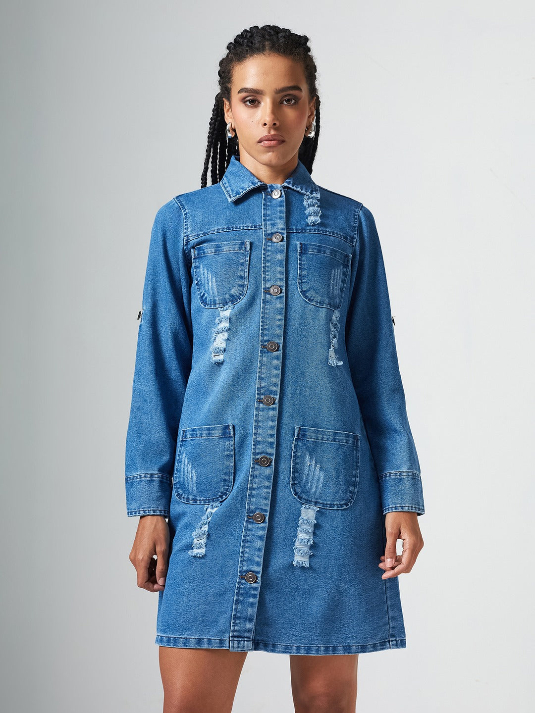 Navy Blue Solid Polo Neck Full Sleeves Patch Pocket Denim Overcoat Knee-Length Jacket for Women