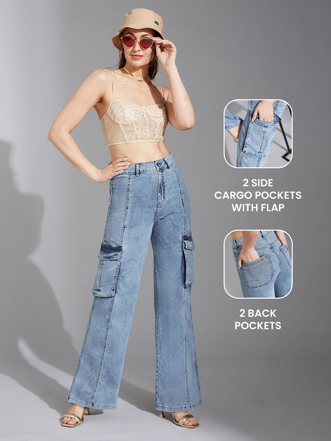 Women's Blue Wide-Leg High-Rise Clean-Look Stretchable Patch-Pocketed Denim Jeans