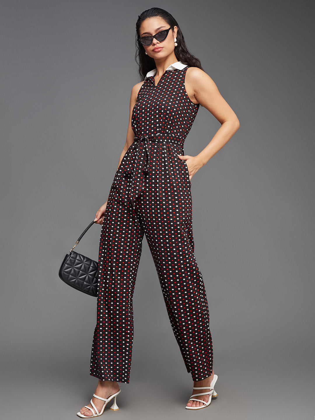 Women's Multicolored-Base-Black Shirt Collar Sleeveless Polka Dot Waist Tie-Up Pure Cotton Regular-Length Jumpsuit
