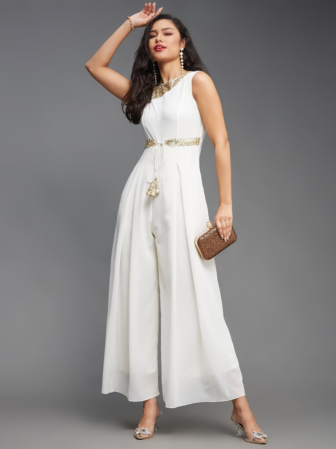 Women's Off-White Relaxed Fit Sleeveless Gold Sequined Round Neck  Ankle-Length Straight Party Jumpsuit