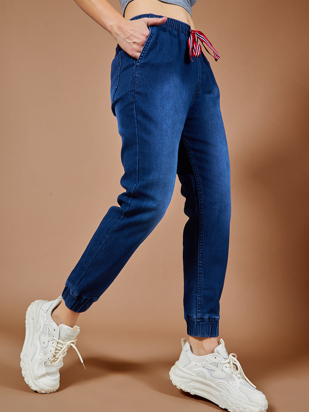 Women's Navy Blue Solid Mid Rise Clean-Look Regular Length Stretchable Denim Jogger Pants