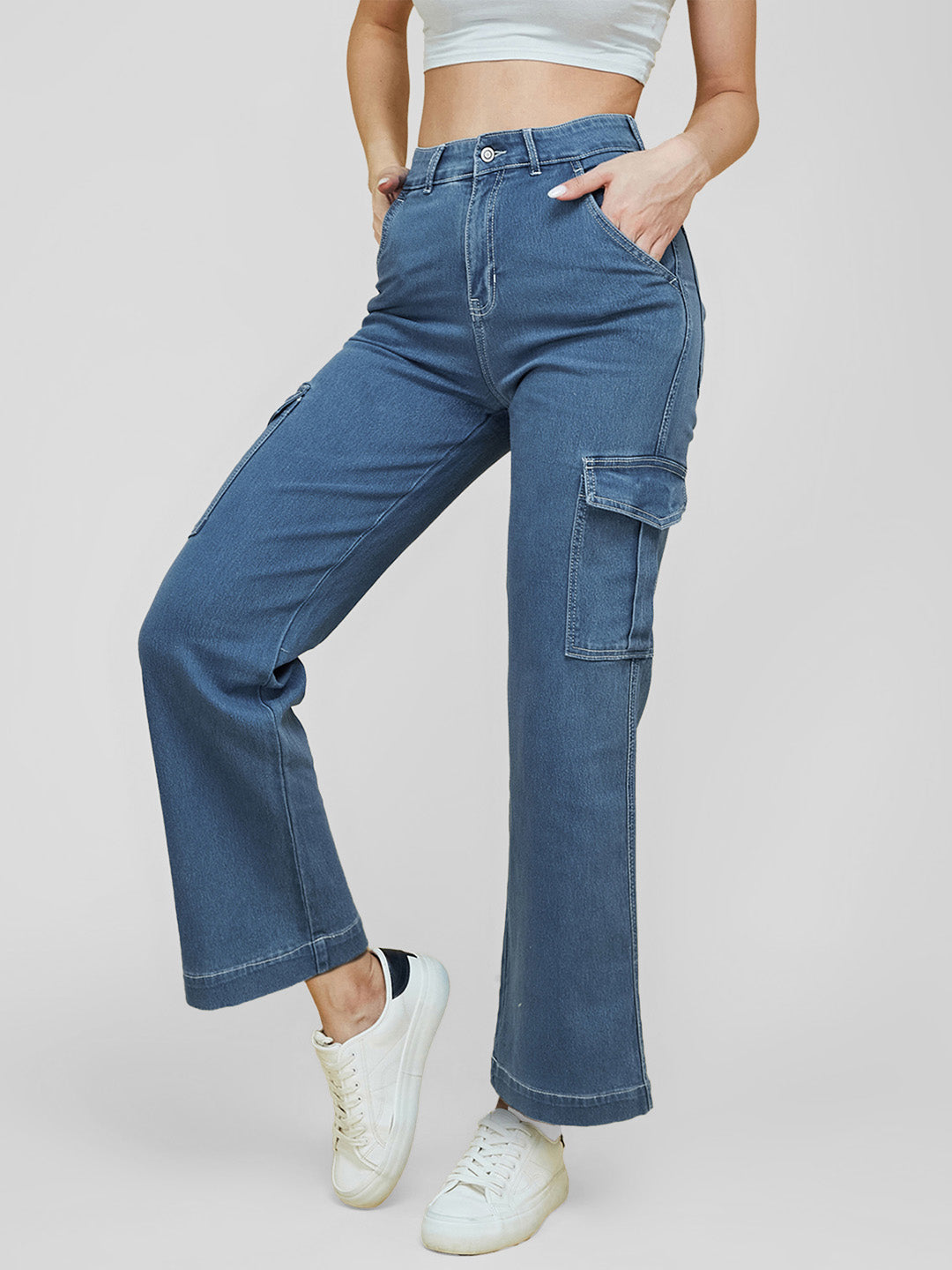 Women's Blue Wide-Leg High-Rise Clean-Look Regular Stretchable Denim Jeans