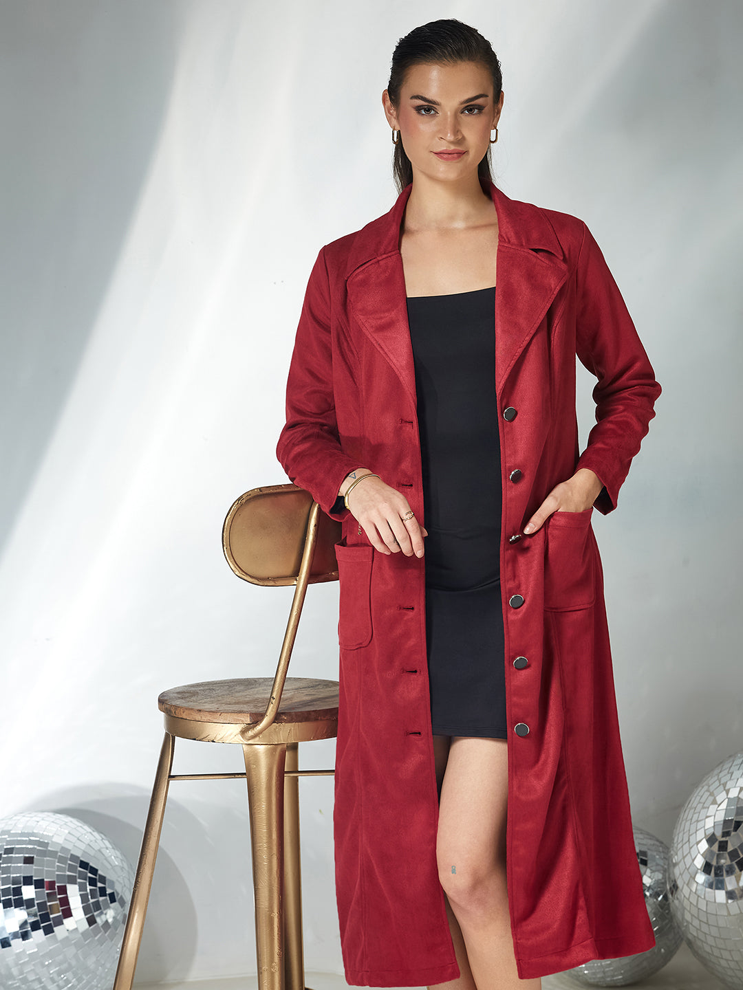 Women's Dark Red Solid V-Neck Full Sleeves Patched Pocketed Polyester Button Down Longline Winter Wear Jacket