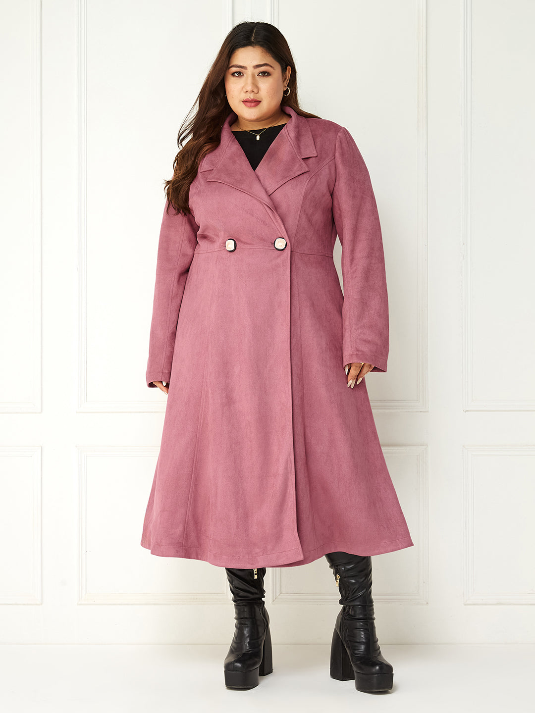 Body Bliss Mauve Solid Double Breasted Longline Jacket