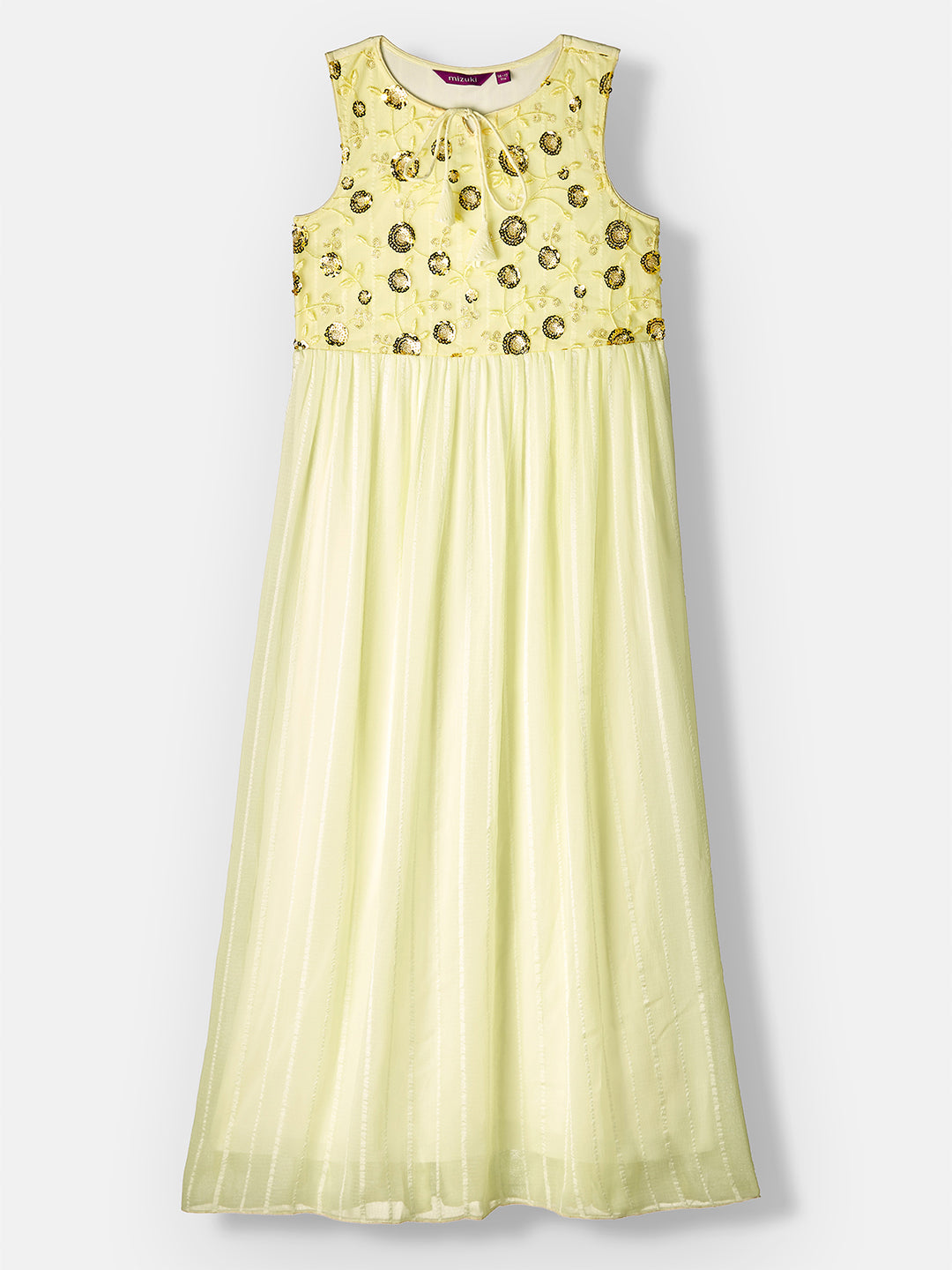 Golden & Cream Key Hole Sleeveless Embellished Flared Maxi Dress