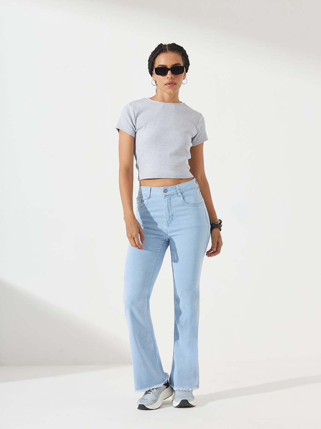 Light-Blue Boot Cut High-Rise Cropped Stretchable Denim Jeans for Women