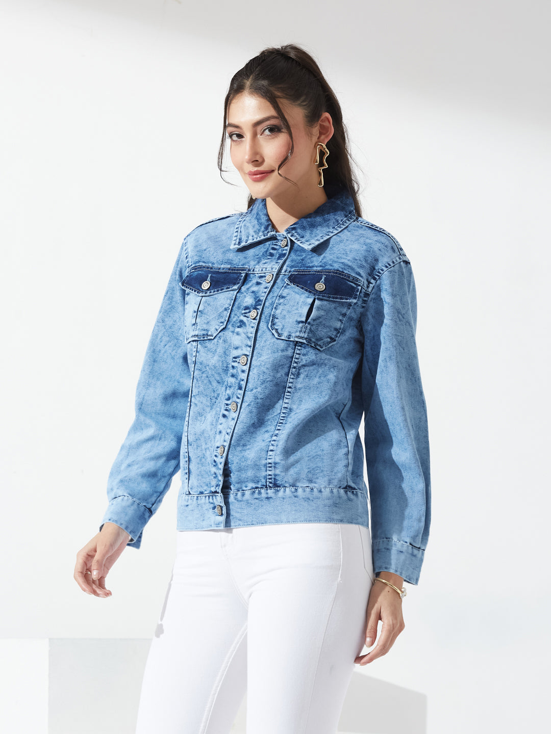 Light Blue Shirt Collar Full Sleeve Hand Painted Regular-Length Denim Jacket For Women