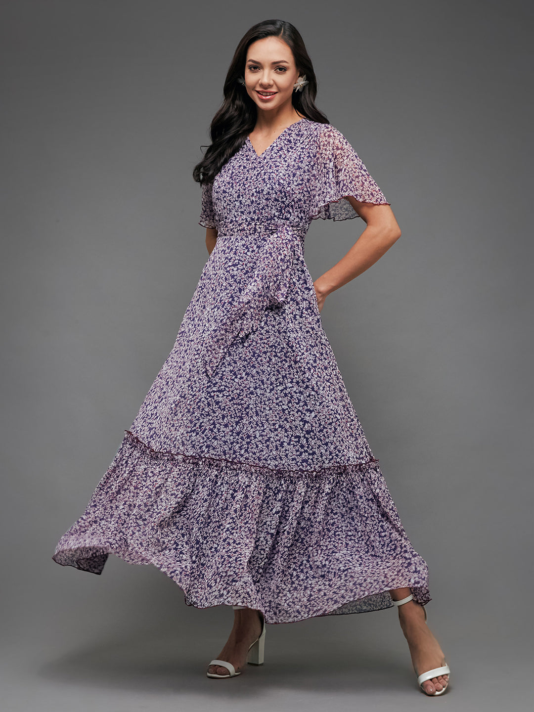 Purple Floral Printed Flutter Sleeves Maxi Dress Long Dress Frock for Women