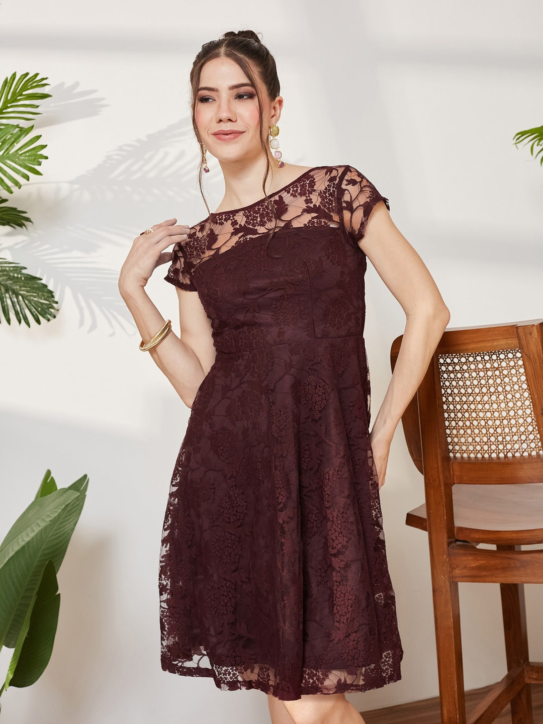 Wine Round Neck Cap Sleeves Lace Knee-Long Skater Dress for Women