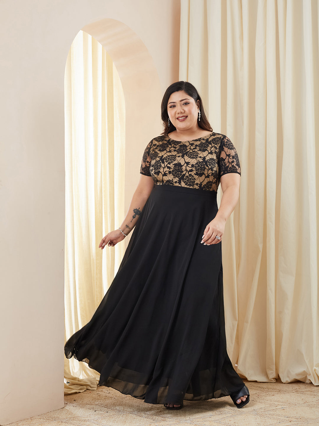 Black Round Neck Half Sleeve Self Design Fit & Flare Georgette Maxi Dress for Women