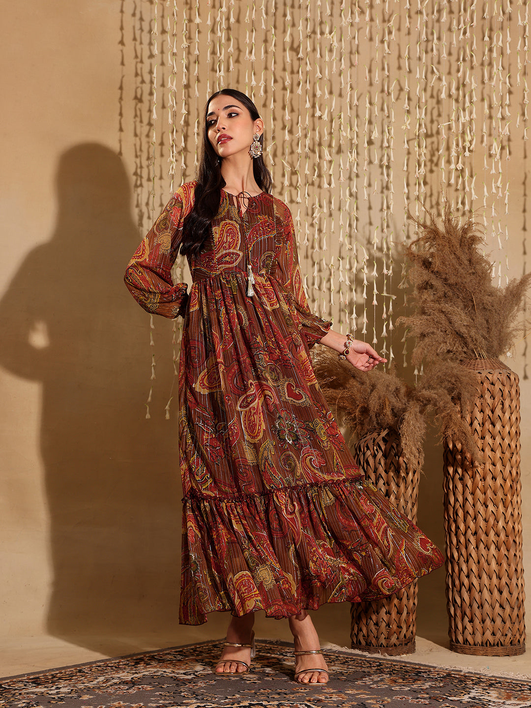 Women's Multicolored-Base-Brown Relaxed Fit Maxi Lurex Chiffon Dress