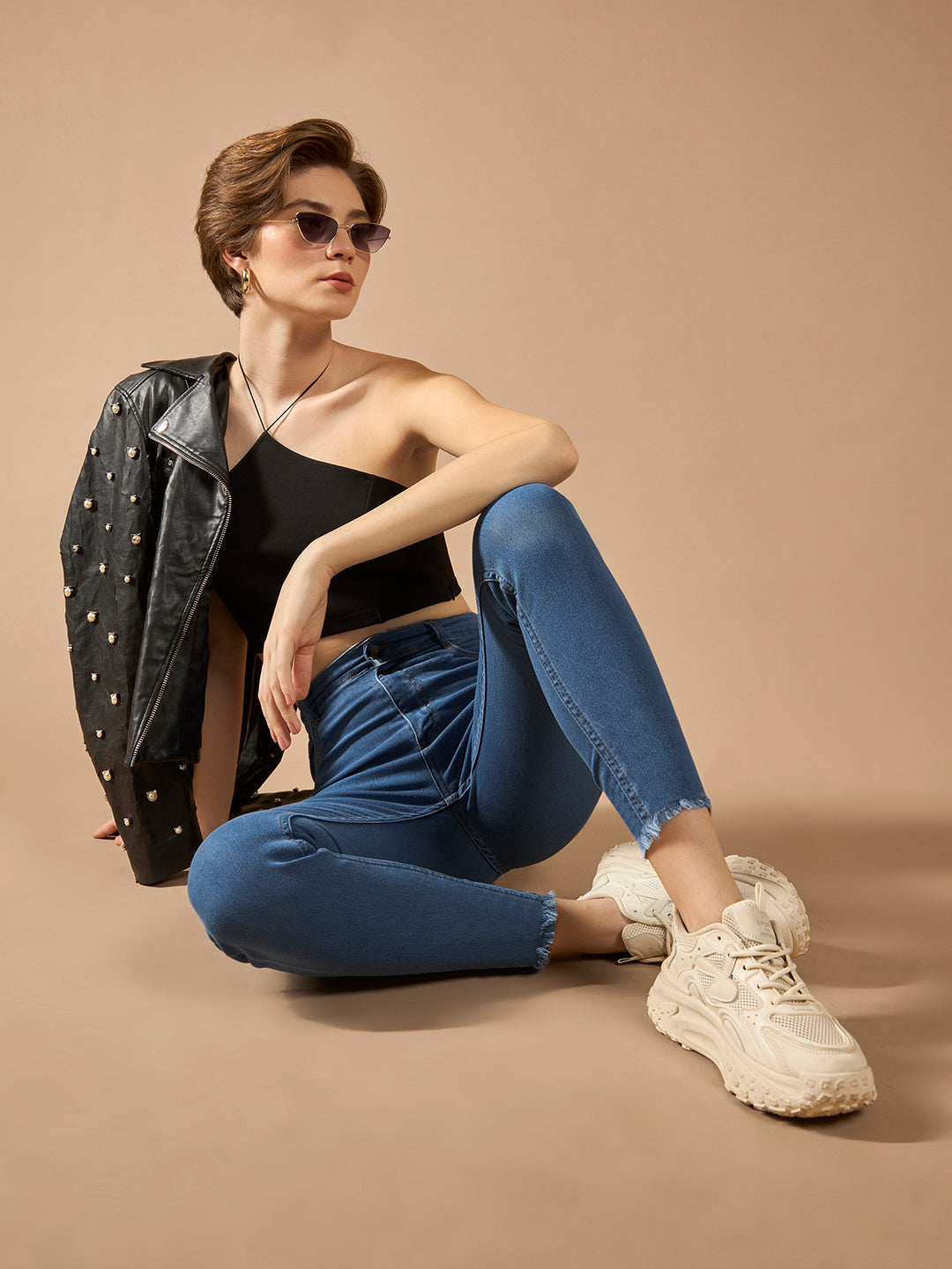 Women's Blue Skinny High-Rise Cropped-Length Fringe Detailing Stretchable Denim Jeans