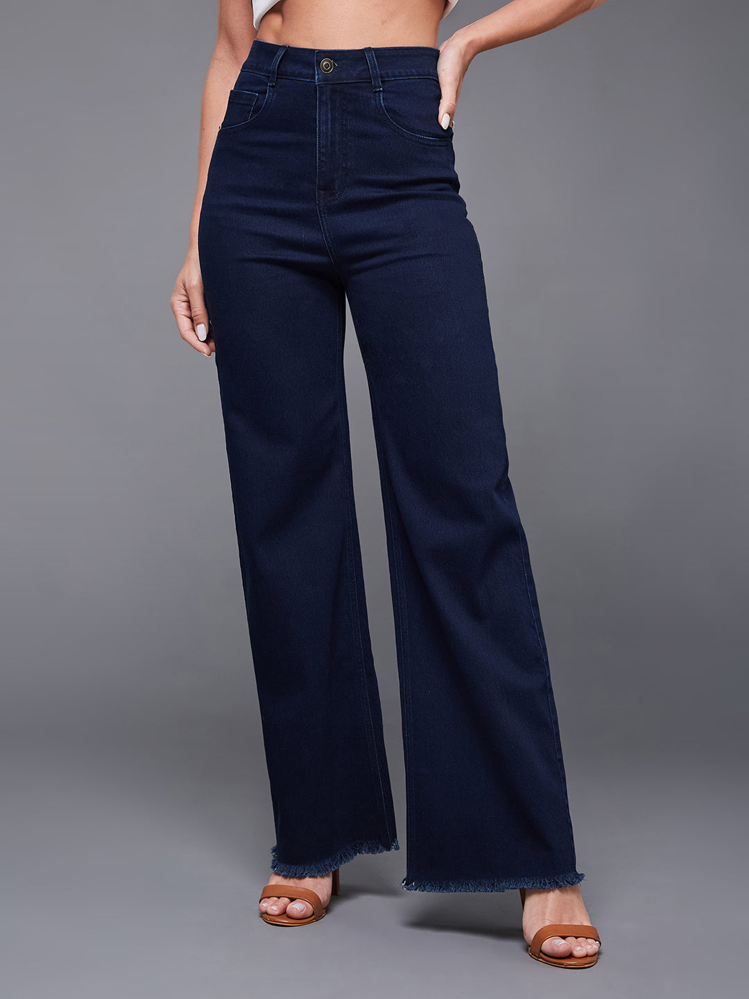 24/7 Comfort Women's Navy Blue Wide-Leg High-Rise Clean-Look Regular-Length Stretchable Denim Jeans