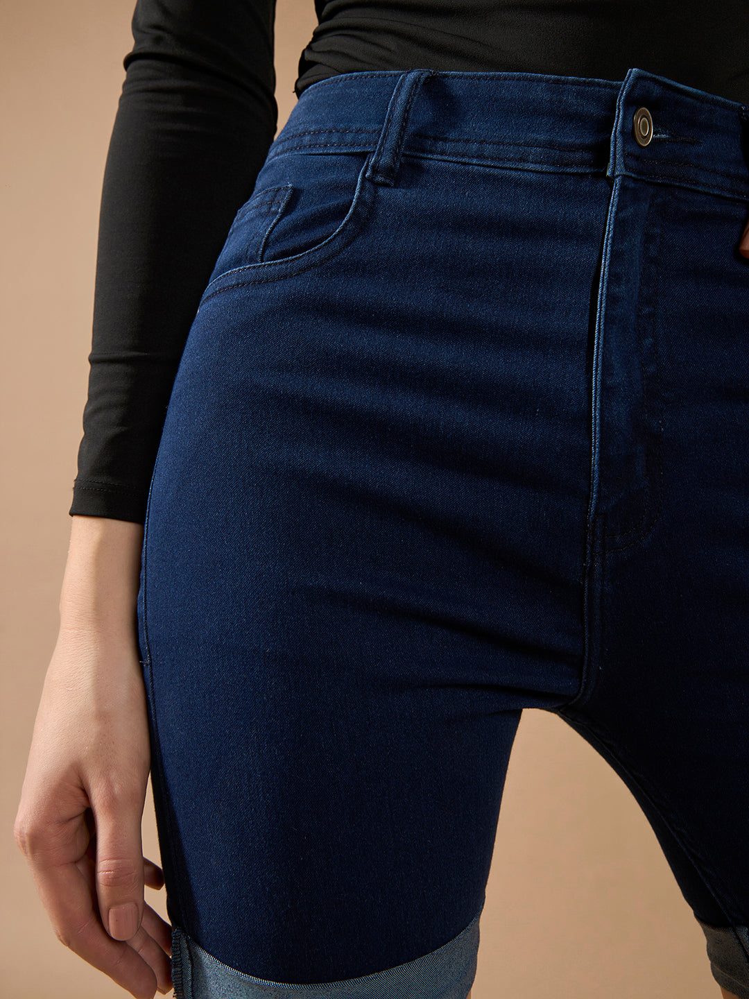 Women's Navy Blue Skinny High-Rise Clean-Look Regular Length Stretchable Denim Shorts