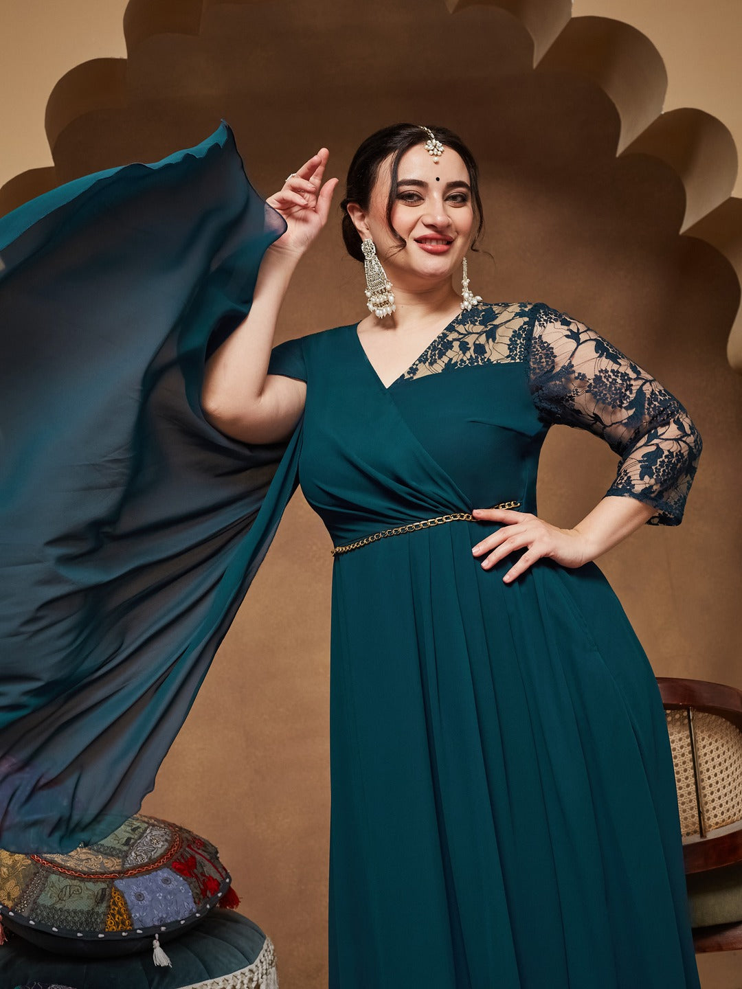 Teal V-Neck Asymmetric Self-Designed Georgette Maxi Dress for Women
