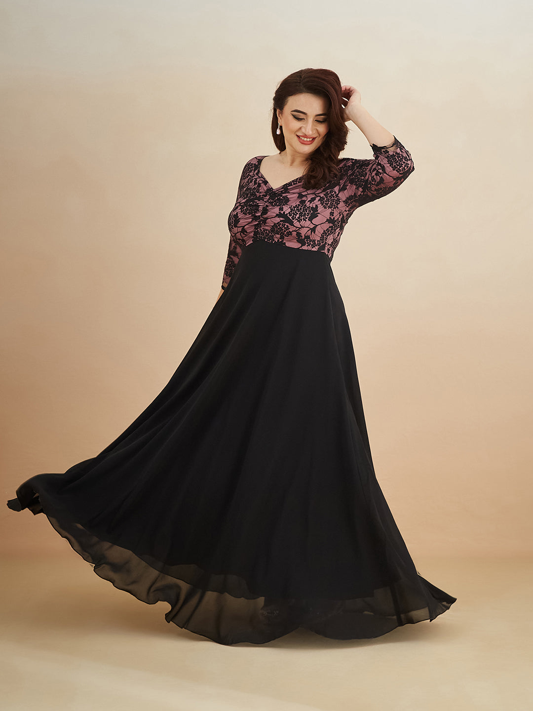 Black And Lavender Sweet heart neck 3/4 Sleeve Self Design Fit & Flare Maxi Dress for Women